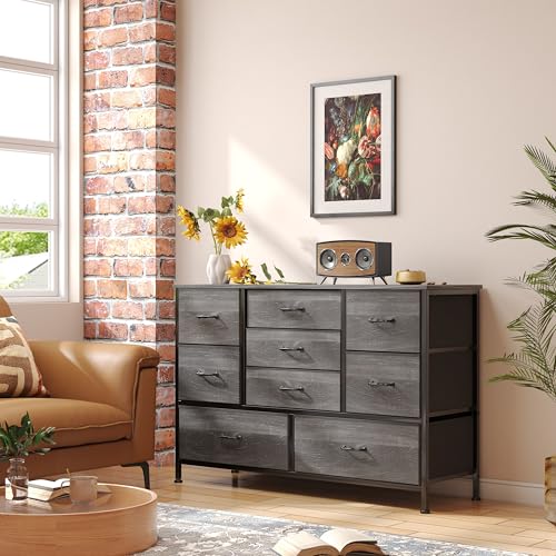 Flrrtenv Tall 9 Drawers Dresser Storage with Wood Top, TV Stand, Fabric Wide Storage Tower, Sturdy Steel Frame Storage Organizer Fit for Bedroom, Living Room, Hallway, Entryway, Closets, Black Oak