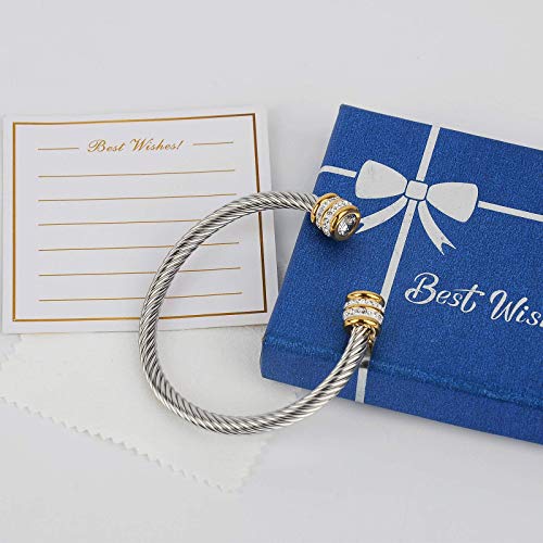 Winhime Birthstone Cable Bangle Bracelets for Women, Stainless Steel Twisted Cable Wire Bracelet for Teen Girls Designer Inspired Cuff Bracelet in Two Tone Silver Gold (Aug-Peridot)