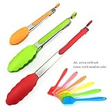 BeRicham Set Of 3 Stainless Steel Kitchen Tongs Set With Silicone Tips, Heavy Duty & Heat Resistant Cooking Tongs Perfect For BBQ, Salads, Grilling, Serving, 7/9/12 Inch, With An Extra Oil Brush