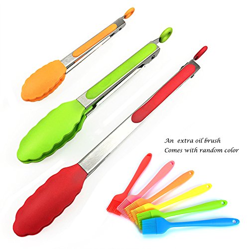 BeRicham Set Of 3 Stainless Steel Kitchen Tongs Set With Silicone Tips, Heavy Duty & Heat Resistant Cooking Tongs Perfect For BBQ, Salads, Grilling, Serving, 7/9/12 Inch, With An Extra Oil Brush