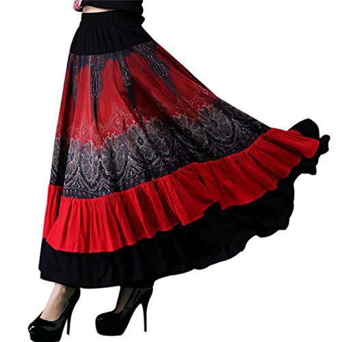 Yeokou Women's Bohemia Gypsy Floral Midi Long Red Flamenco Dance Swing Skirt (One Size, Red)