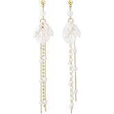 Dainty Long Pearl Drop Clip On Earrings for Women Dangly Gold Rhinestone and White Pearls Tassel Shell Flower Dangle Earring Dangling Trendy Jewelry