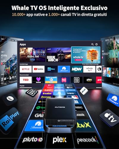 Portable Projector 【Smart TV & 1000+ Live Channels】Mini Projector 4K Smart TV Compatible with Netflix, 330° Rotation, Auto Focus WiFi Bluetooth, 1080P Native, Ceiling Projector Home/Camping