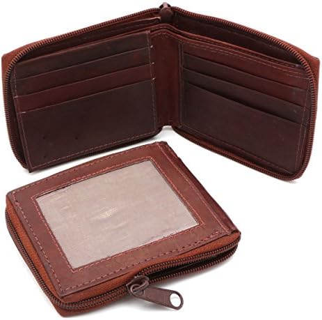 Bifold Genuine Leather Reddish Brown Zip-around Wallet with Outside Card Window