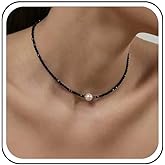 Sttiafay Boho Spinel Beaded Necklace Choker Single Pearl Pendant Necklaces Black Crystal Choker Necklace Spinel Pearl Beaded Chain Necklace Jewelry for Women