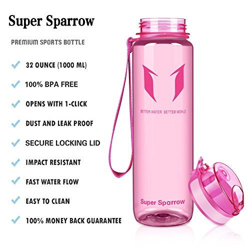 Super Sparrow Sports Water Bottle - Eco Friendly & BPA-Free Plastic - Fast Water Flow, Flip Top, Opens With 1-Click - Reusable with Leak-proof Lid (Bright-Pink, 350ml-12oz)