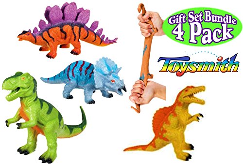 Toysmith Dinosaur Squishimals Blue, Green, Orange & Yellow Complete Gift Set Bundle - 4 Pack