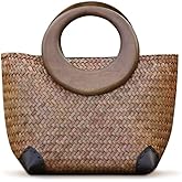 QTKJ Hand-woven Womens Straw Boho Handbag Bag for Women, Summer Beach Rattan Tote Travel Bag with Wood Round Top Handle (Khaki 2)