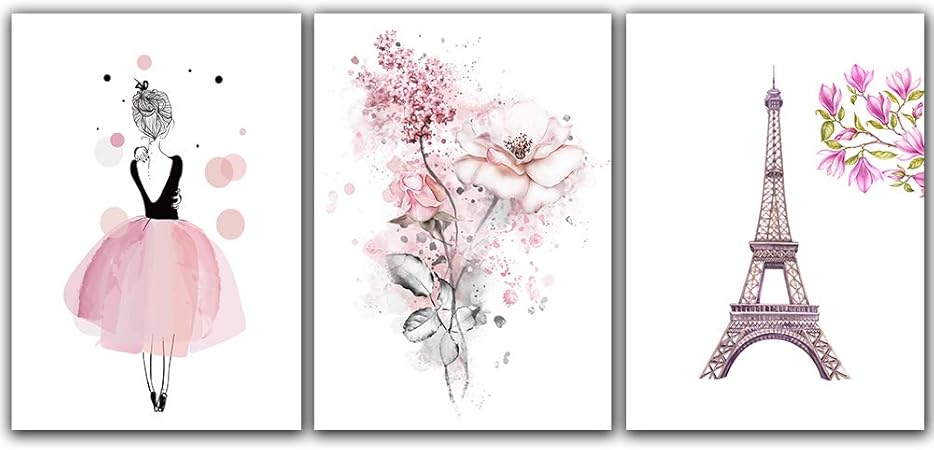 Amazon かわいいピンクのバレリーナダンサーガールプリント エッフェル塔の装飾フラワーアートプリント 寝室 プレイルーム キッズ ガールズ ウォールアート 8インチx10インチ フレームなし 3枚セット ウォールステッカー オンライン通販