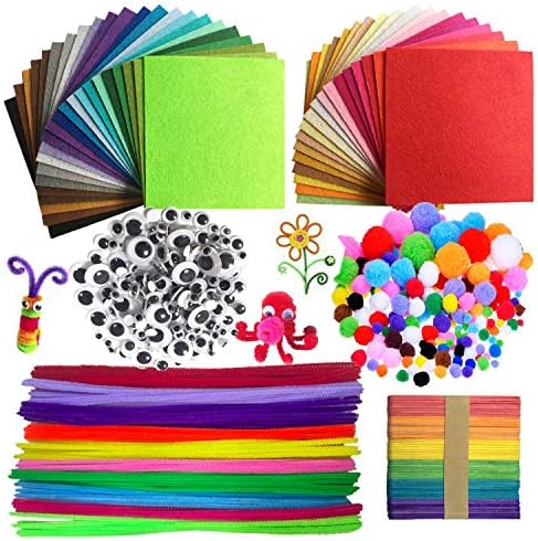 Wartoon Pipe Cleaners Crafts Set, Pipe Cleaners Chenille Stem and Pompoms with Googly Wiggle Eyes and Craft Sticks Assorted Colors Non-Woven Felt Fabric Sheets for Craft DIY Art Supplies, 590 Pieces