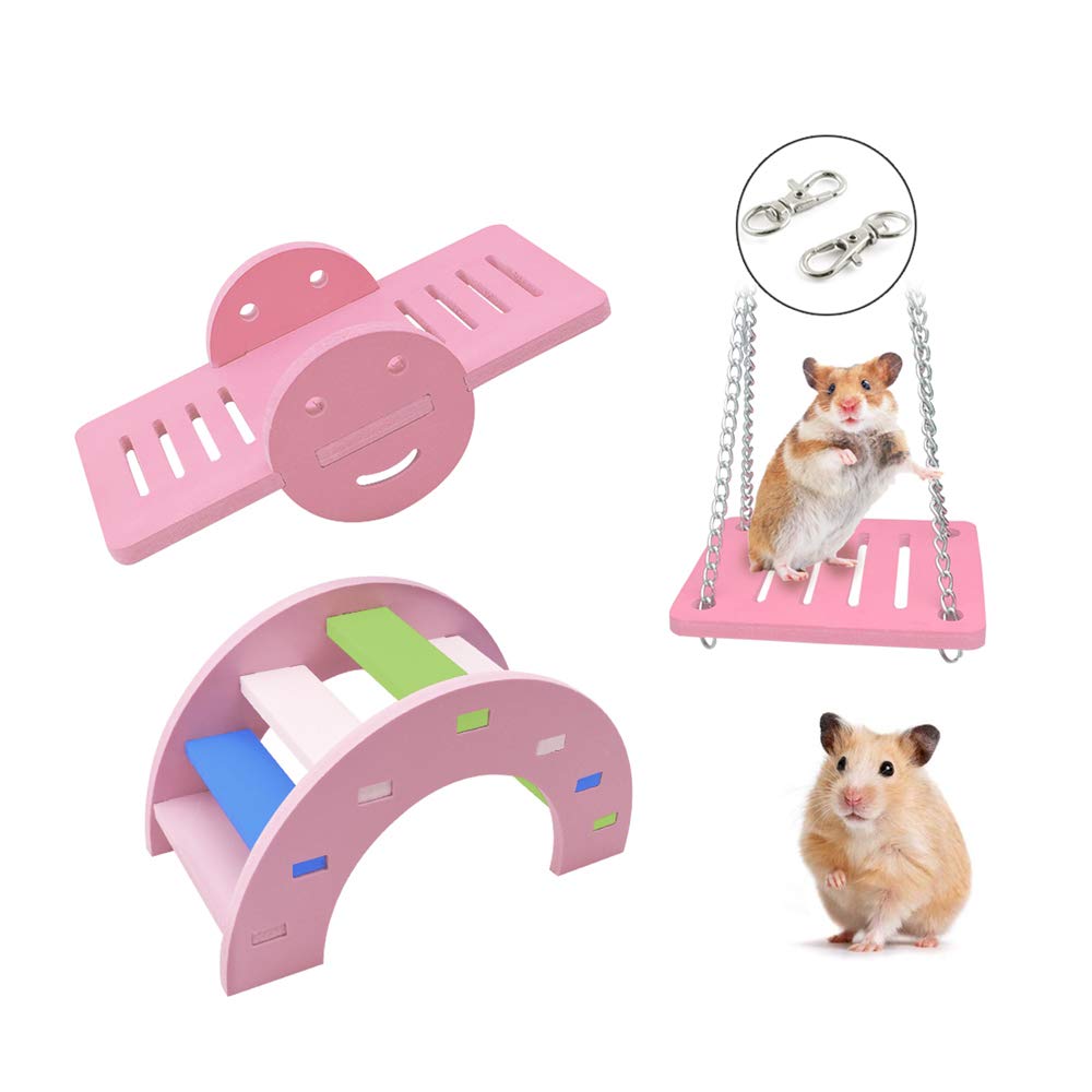 WishLotus 3pcs Lovely Hamster Play Toys, Rainbow Bridge & Seesaw & Swing, Climb and Play Toy, Boredom Breaker Small Animal Activity Toy, DIY Hamster Cage Accessories for Small Pets (Pink)