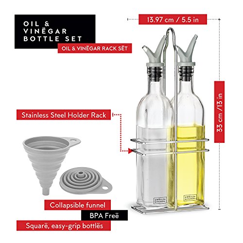 Dwellza Kitchen Glass Olive Oil and Vinegar Dispenser Set with FREE Collapsible Silicone Funnel | No-Drip Double Spouts | Dishwasher-Safe Bottles and Stainless Steel Holder in Break-Free Packaging