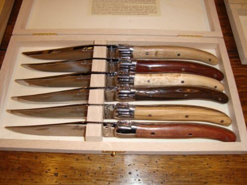 Set of 6 authentic French Laguiole steak knives by Jean Dubost with Authenticity Certificate, 6 different wood handles