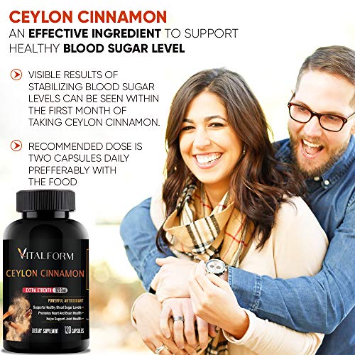 VitalForm Cinnamon Capsules - Organic Ceylon Cinnamon - 120 Ceylon Capsules - Supports Healthy Glucose Balance- Blood Sugar Support - Cinnamon Supplements - 1200 mg