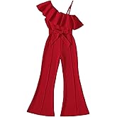 Ltvoo Girls Jumpsuits Girl's Ruffle Trim Asymmetrical Neck Rompers Belted High Waist Wide Leg Summer Jumpsuit Pants for 7-14Y