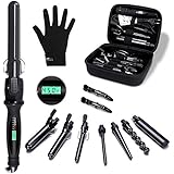 PARWIN BEAUTY Curling Wand Set 7 in 1 Interchangeable Barrels LCD Display Tourmaline Ceramic Wand with Heat Resistant Glove Travel Bag, Black