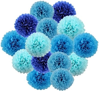 Hanzen 15 Pcs Mixed 10" 14" Assorted Blue Tissue Paper Pom Poms Flower Balls For Birthday Wedding Party Baby Shower Outdoor Decorations