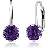 Gem Stone King 925 Sterling Silver Purple Amethyst Leverback Earrings For Women (1.40 Cttw, Gemstone Birthstone, Round Cut 6MM)