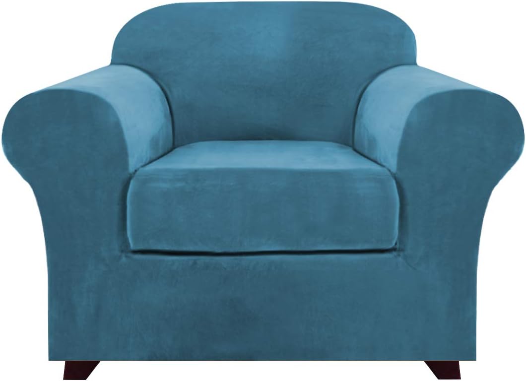 Real Velvet Stretch Chair Covers 2 Piece Armchair Cover Slipcovers - Include Base Cover and Cushion Cover - Sofa Covers Couch Covers 1 Seater Chair Slip Cover, Feature Thick Soft Velour, Blue: Kitchen & Dining