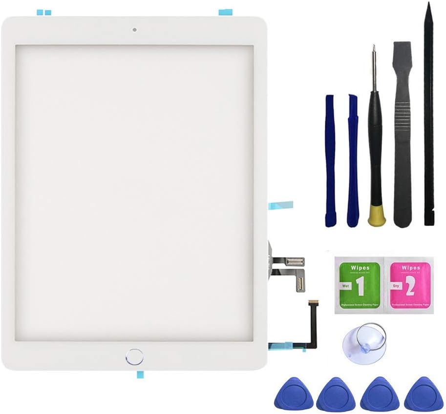 FeiyueTech for iPad 5 2017 5th Generation Screen Replacement Touch Digitizer Glass 9.7",for 5th Gen A1822 A1823 Repair Kits Includes Home Button+Camera Holder+PreInstalled Adhesive with Tools,White