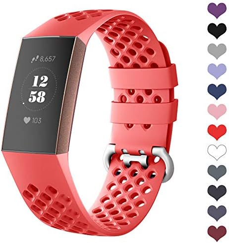DEKER Sport Bands Compatible for Fitbit Charge 3 Bands and Charge 3 SE Fitness Tracker Women Men, Breathable Holes Silicone Smart Watch Strap Small Large Accessories Wristbands