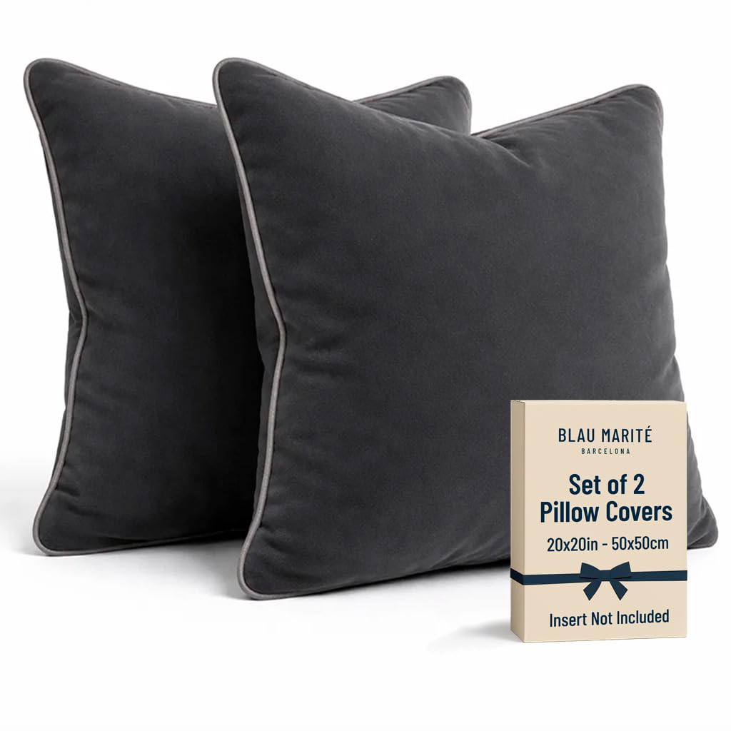 Blau Marité Set of 2 Velvet Throw Pillow Covers with Contrast Piping, Soft Decorative Cushion Covers, Deep Grey, 20"x20" (50x50 cm).