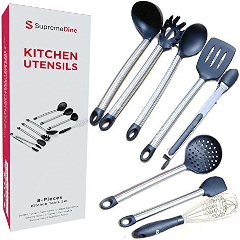 Cooking Utensils Set – 8 Pieces Kit | Best Nonstick Kitchen Utensil Set | Made of Silicone and Stainless Steel | Spatula, Turner, Spaghetti &amp; Serving Spoons, Whisk, Ladle, Tong, Drainer | SupremeDine