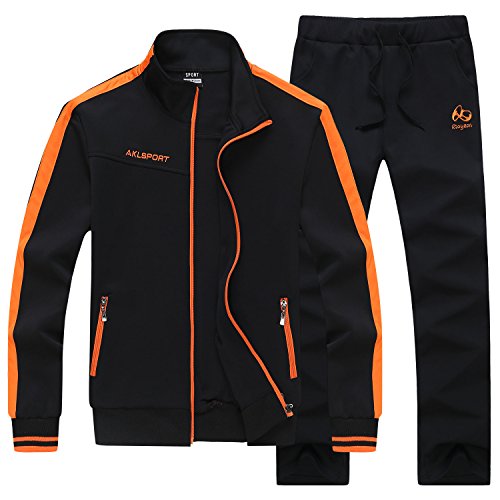 Men's Casual Jogging Full Zip Sports Jacket & Pants Tracksuit Sweat Suits Black