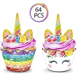 QMZ 64pcs Unicorn Cupcake Toppers and Wrappers Double Sided for Kids Birthday Baby Shower Theme Party Decorations Supplies Set of 32