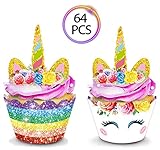 QMZ 64pcs Unicorn Cupcake Toppers and Wrappers Double Sided for Kids Birthday Baby Shower Theme Party Decorations Supplies Set of 32