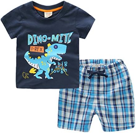 Bigdreamer Little Boys’ Cotton Shirts Summer Short Sets with Cute Cartoon "Dinosaur" Patterns 3T