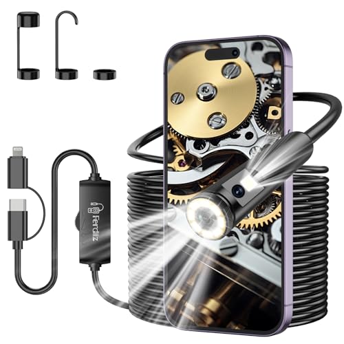 Dual-Lens Ferdiiz Endoscope Inspection Camera, 1920P HD Borescope Camera, 32.8ft Semi-Rigid Snake Endoscope, IP67 Waterproof Drain Pipe 8 Adjustable LEDs Borescope, Man's Gadgets Tool, iOS9+ Android6+