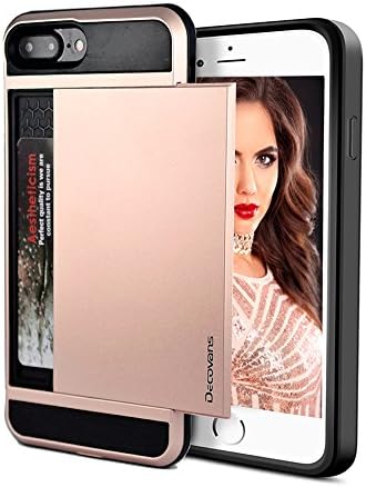 Card Slot Case for iPhone 7 Plus/iPhone 8 Plus Hybrid Card Slide Case Impact Resistant Bumpers Cover Shell Dual Layer TPU Credit Card Sliding Hard Phone Case Decovans DP20 Protective Case -Rose Gold