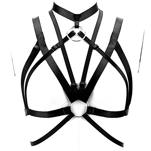 Women Body Harness Bra Waist Belt Strappy Crop Tops Goth Punk Pentagram Festival Rave Bralette (Black O0491)