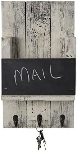 Mail Holder with Key Hooks and Chalkboard for Entry Way | Wall Mount | Handmade Rustic Reclaimed Wood | 18 x 10.5 Inch - Whitewash