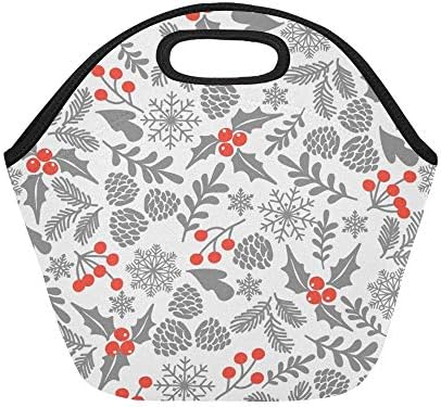 Insulated Neoprene Lunch Bag Winter Holly Berries Large Size Reusable Thermal Thick Lunch Tote Bags For Lunch Boxes For Outdoors,work, Office, School