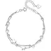 QueenBee 925 Sterling Silver Stars & Frosted Beads Bracelet – Trendy Pure Silver Jewelry – Birthday, Christmas, Holiday Gift for Women – Elegant Silver Accessory