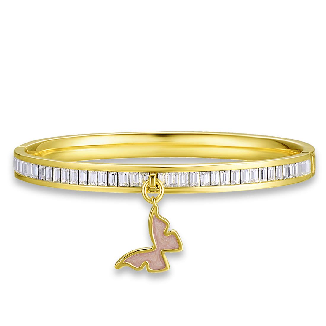 Santuzza Yellow Gold Plating Bangle Brass Enamel Crystal Bracelet with Butterfly Accessories Ideal Jewelry Gift for Women Girls (Pink)