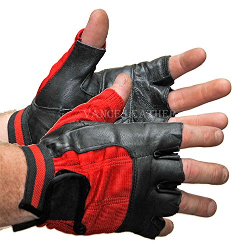 Spandex and Leather Fingerless Gloves-Black/Red Large