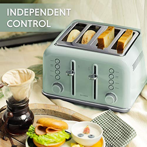 BUYDEEM DT640 4-Slice Toaster, 7 Shade Settings, Extra Wide 1.5’’ Slots for Bagel & English Muffin, 6 Toasting Functions, Retro Stainless Steel Toaster with High Lift Lever, 1800W, Cozy Greenish