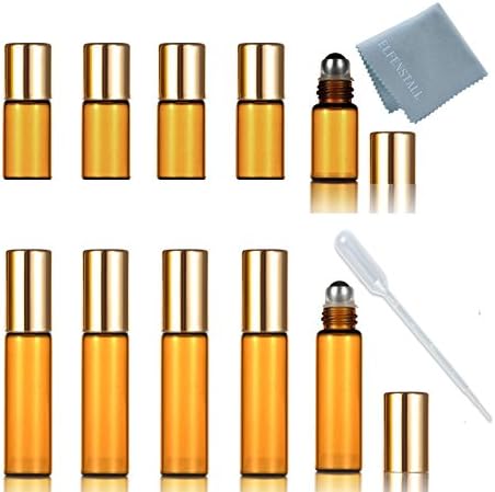 SIMPLE-E Set of 10 Refillable Amber 5ml (5PCS) 1/6oz + 3ML (5PCS) Roll on Glass Bottle for Essential Oil - Empty Aromatherapy Perfume Bottles with Metal Roller Ball + FREE Pipette Dropper
