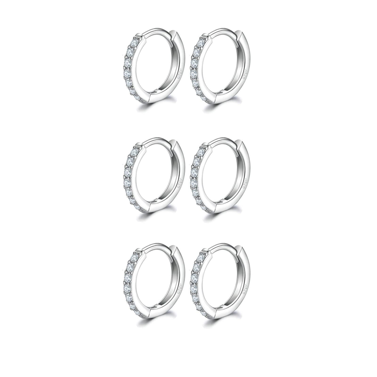 Silver Hoops Earrings for Women, 925 Sterling Silver Post Small Silver Hoop Earrings with AAA Cubic Zirconia, 3 Pairs Small Sleeper Hoops Huggie Hinged Earrings (9.5mm*3) — image 1