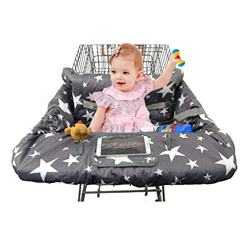 Cotton Shopping Cart Cover for Baby, Toddler High Chair Cover with Cell Phone Carrier-Summer Grocery Cart Cushion for Boy or Girl Large Size Star Print