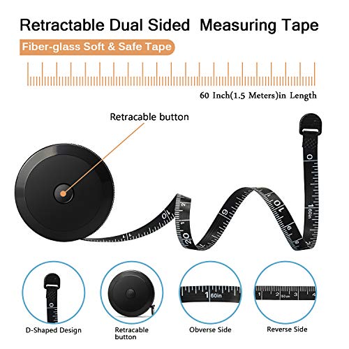 2Pcs Tape Measure for Body Cloth Ruler Measuring Tape for Sewing Tailor Fabric Measurements Tape Retractable Dual Sided Black 60-inch