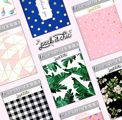 Pack It Chic - 10X13 (100 Pack) Geometric Leaves Pattern - Thank You Poly Mailer Envelope Plastic Custom Mailing & Shipping Bags - Self Seal (More Designs Available)