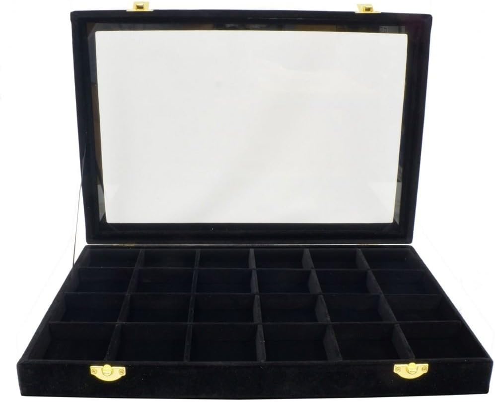 24 Compartments Black Velvet Glass Top Lid Jewelry Display