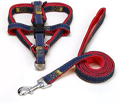 MUFEI Dog Leash Harness Set, Adjustable and Heavy Duty Nylon Durable Easy Step in Collar Denim Dog Leash Collar for Daily Walking Training (S: 10-30lb, 19.5" - 27.5" Chest Girth)