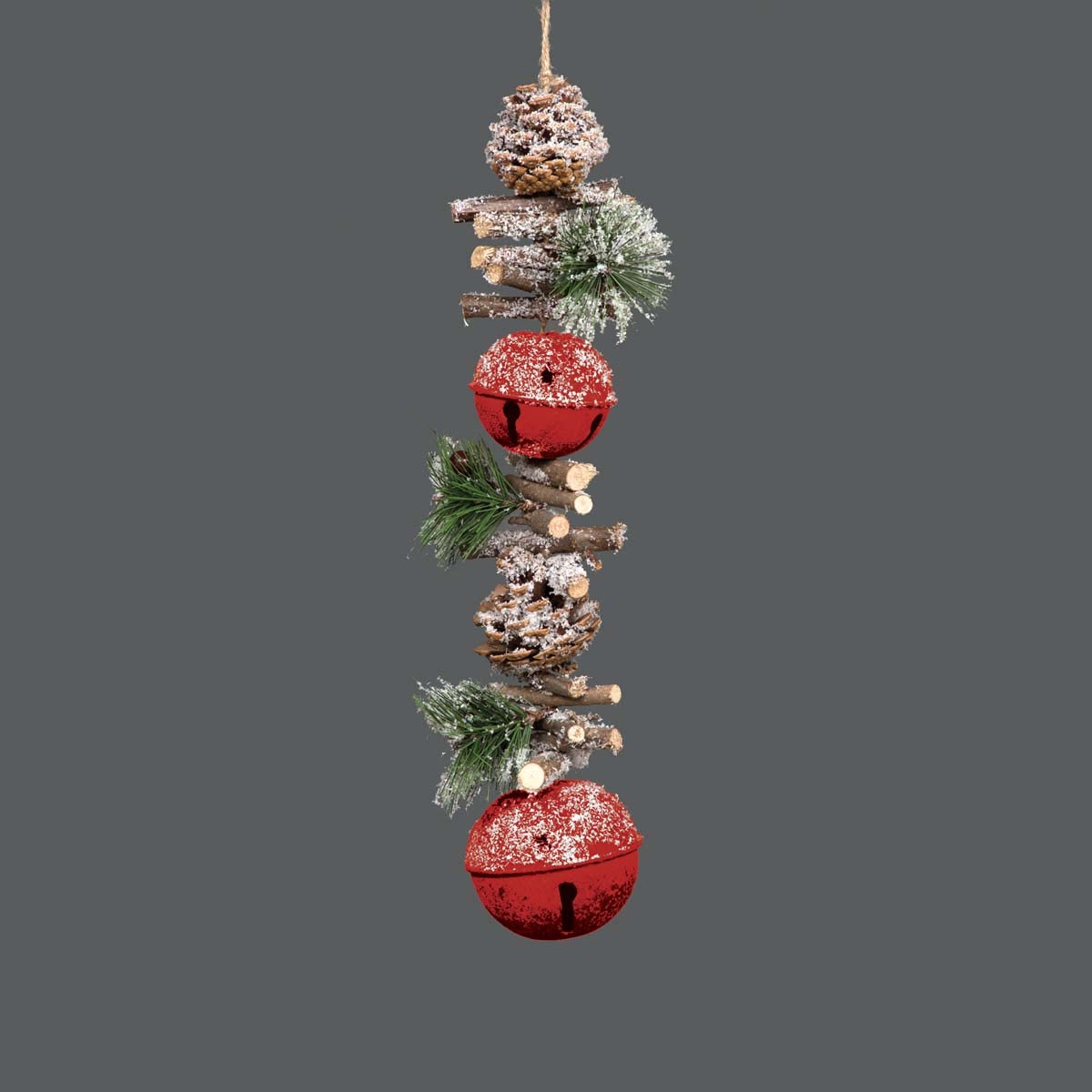 50cm Garland with Red Jingle Bells Wooden Sticks, Berries and Pinecones Christmas Home Wall Door Hanger Sleigh Bells Xmas Holiday Hanging Decorations