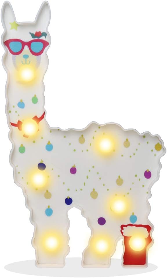 Pooqla Alpaca Llama Night Light, Light Up Llama Decor Signs Kids Gifts Home Table Wall Decoration for Girls Room, Bedside(White with Glasses)