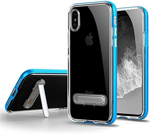 OWIKAR iPhone X Case, Crystal Clear Hard Ultra Slim Fit Anti Scratch Bumper with Magnetic Metal Kickstand Protective Case Cover for Apple iPhone X (Blue)